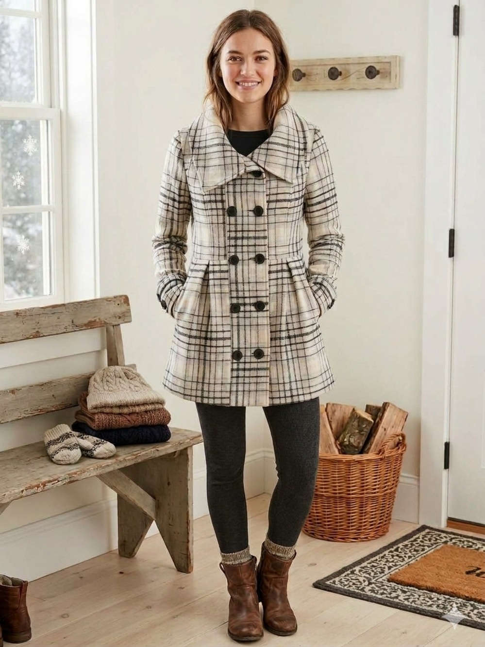 💕 JACK by BB Dakota Cream & Black Plaid Double-Breasted Tweed Pea Coat ✨